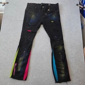 WOOLF Men's Black Distressed Paint Splatter Flare Jeans Pants 40x35